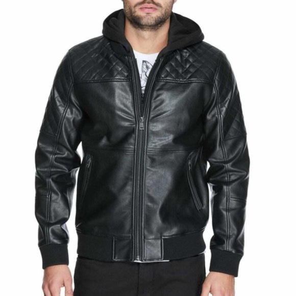 guess men's faux leather hooded moto jacket